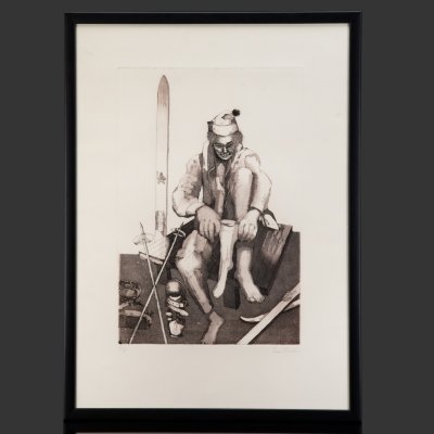купить [Лимитированный тираж 3/20] Гравюра "Лыжник" (название условное), автор Ева Фишер (Eva Fischer), бумага, печать, пластик, стекло, Италия, 1970-1980 гг.