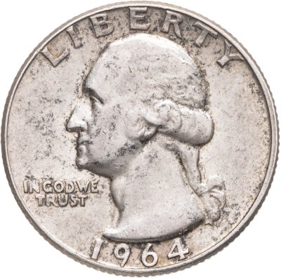 купить США 25 центов (квотер, 1/4 доллара, quarter dollar) 1964 Washington Quarter (Вашингтон) без обозначения монетного двора