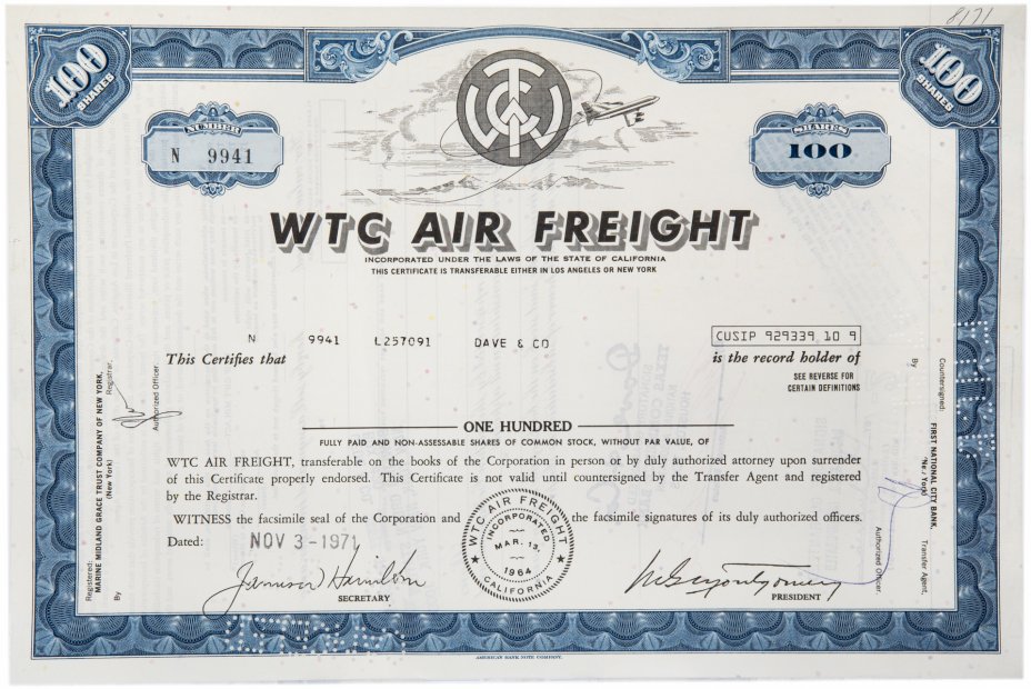 купить Акция США WTC AIR FREIGHT  1971-1973 гг.