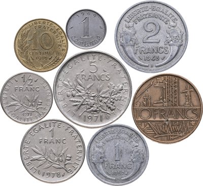 купить Франция набор из 8 монет 1, 10 сантимов, 1/2, 1, 2, 5, 10 франков 1948-1986
