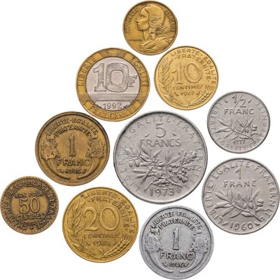 купить Франция набор из 10 монет 5, 10, 20, 50 сантимов, 1/2, 1, 5, 10 франков 1923-1992