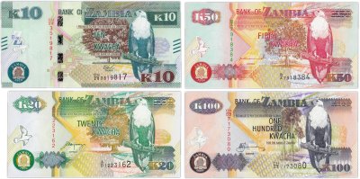 купить Замбия набор из 4 банкнот 10, 20, 50, 100 квача "Попугаи" 1992-2020