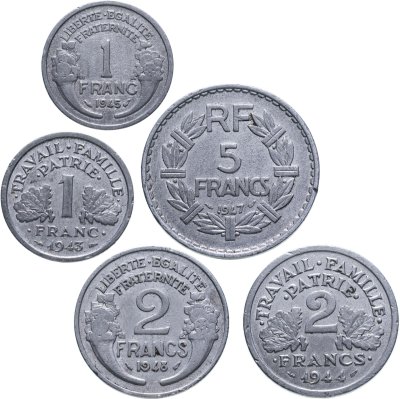 купить Франция, набор из 5 монет: 1, 2, 5 франков. 1943-1948