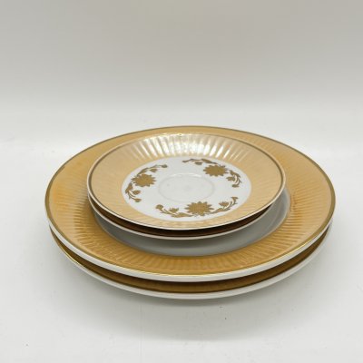купить Набор из 2 десертных тарелок и 2 блюдец в золотистой гамме, фарфор, деколь, золочение, Барановский фарфоровый завод, СССР, 1970-1991 гг.