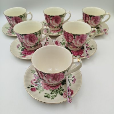 купить Сервиз чайный "Royal collection" с цветочным декором на 6 персон (6 чайных пар, 6 подставок и 6 ложек) в оригинальной коробке, фарфор, печать, Китай, 2000-2020 гг.