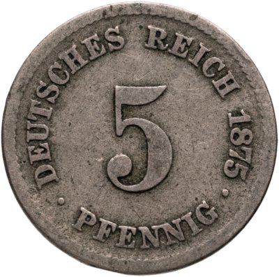 купить Германия 5 пфеннигов (pfennig) 1875 F знак монетного двора: "F" - Штутгарт