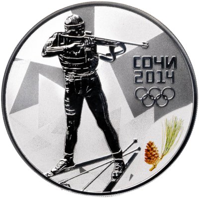 купить 3 рубля 2014 СПМД Proof "биатлон - Сочи Олимпиада" в футляре с сертификатом