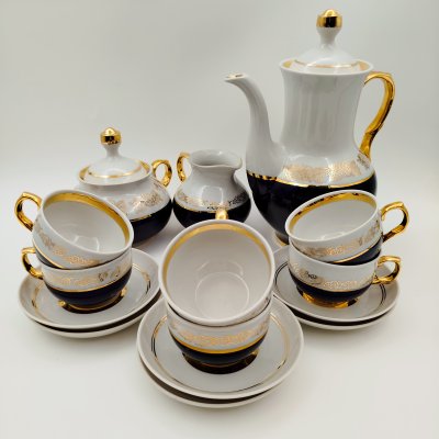 купить Сервиз кофейный на 6 персон (15 предметов), украшенный цветочнм декором, фарфор, крытье кобальтом, золочение, Полонский фарфоровый завод, СССР, 1980-1991 гг.