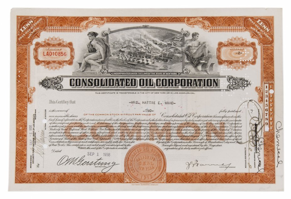 купить Акция США CONSOLIDATED  OIL CORPORATION, 1938 г.