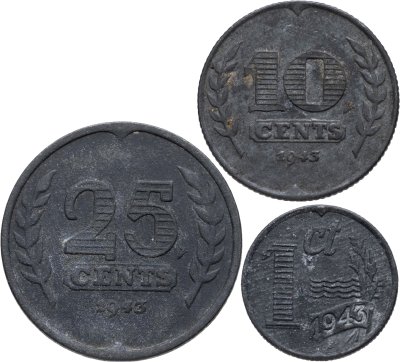 купить Нидерланды набор 1, 10 и 25 центов (cents) 1943 (3 штуки)