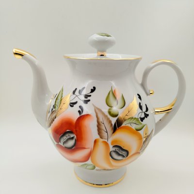 купить Чайник заварочный (большой) с цветочным декором, фарфор, роспись, золочение, Ленинградский опытный завод (ЛОЗ), СССР, 1984-1991 гг.