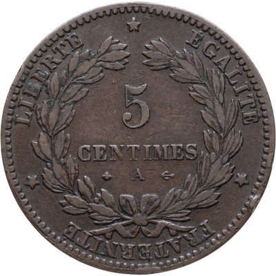 купить Франция 5 сантимов 1872 знак монетного двора: "A" - Париж