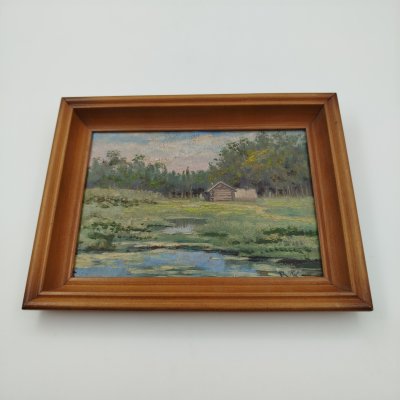 купить Картина "Летний пейзаж с прудом и домиком" в раме, подпись "В.К.", картон, масло, дерево, СССР, 1940-1970 гг.