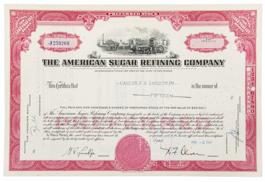 купить Акция США THE AMERICAN SUGAR REFINING COMPANY (New Jersey) 1957- 1961 гг.