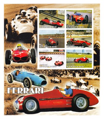 купить Марки квартблок "Феррари. Автомобили. Гонки" 100, 250, 300, 400, 450, 500 франков 2002