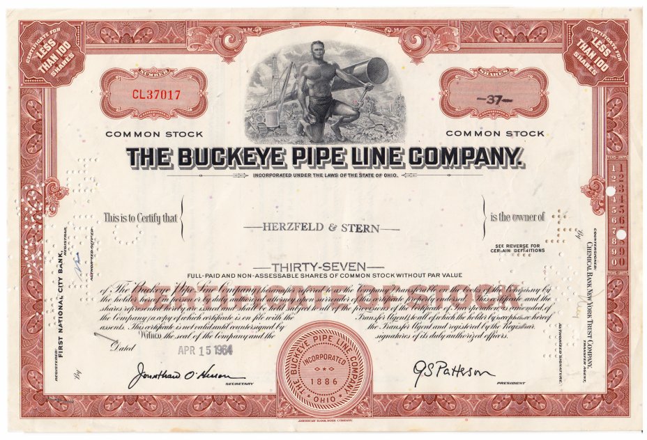купить Акция США THE BUCKEYE PIPE LINE COMPANY. ( ohio) 1963-1964 г.