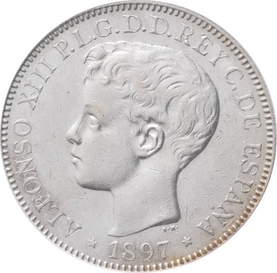 купить Филиппины (колония Испании) 1 песо (peso) 1897 в слабе NNC с грейдом AU50