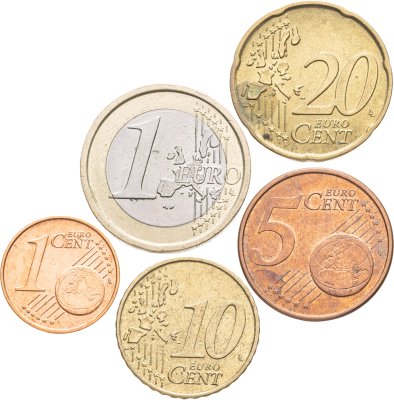 купить Набор из 5 монет разных стран 1, 5 10, 20 евроцентов и 1 евро 2002-2014