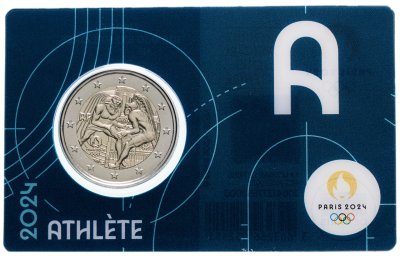 купить Франция 2 евро 2024 XXXIII летние Олимпийские игры, Париж 2024 в блистере синего цвета