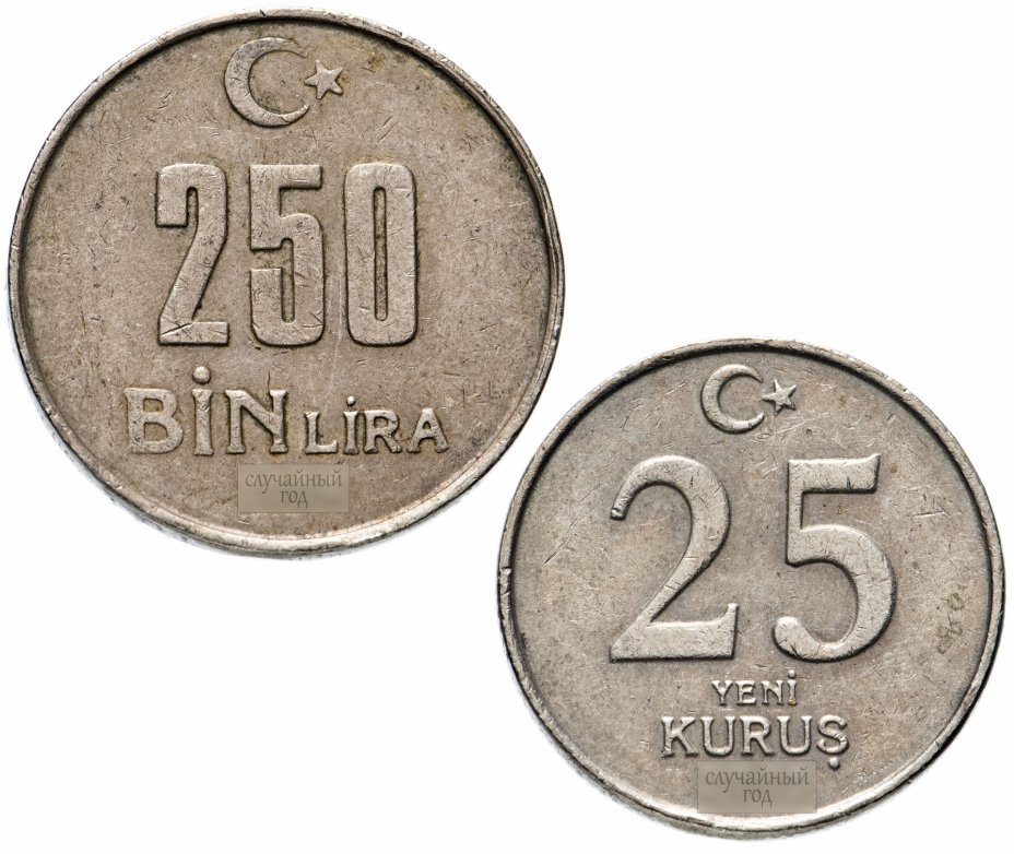 купить Турция набор из 2-х монет 25 новых курушей и 250000 лир 2002-2008, случайная дата