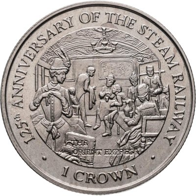 купить Остров Мэн 1 крона (crown) 1998 "125 лет паровой железной дороге - пассажиры в вагоне"