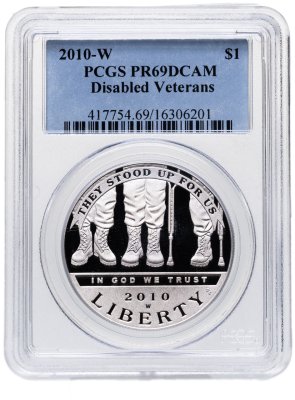 купить США 1 доллар (dollar) 2010 "Ветераны - инвалиды войны" в слабе PCGS PR69DCAM