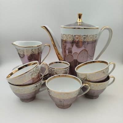 купить Сервиз чайный с цветочным декором на 5 персон (13 предметов), фарфор, люстр, золочение, Cmielow, Польша, 1947-1970 гг.