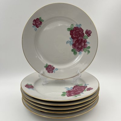 купить Набор обеденных тарелок с цветочным декором на 6 персон, фарфор, деколь, золочение, Дулевский фарфоровый завод (Дулёво), СССР, 1968-1991 гг.