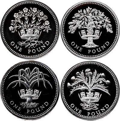 купить Великобритания 1 фунт пидфорт 1984-1987 набор из 4-х монет "Цветочные символы: Шотландия, Уэльс, Северная Ирландия, Англия" в футляре с сертификатом