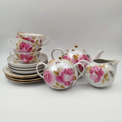 купить Сервиз чайный с цветочным декором на 4 персоны (15 предметов), фарфор, роспись, люстр, золочение, Дулевский фарфоровый завод (Дулёво), Россия, 1989 г.