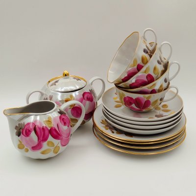 купить Сервиз чайный с цветочным декором на 4 персоны (14 предметов), фарфор, роспись, люстр, золочение, Дулевский фарфоровый завод (Дулёво), Россия, 1989 г.