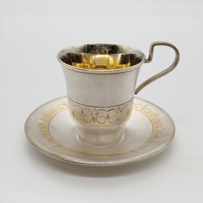 купить Пара кофейная с орнаментальным декором, мельхиор (медь-никель), гравировка, золочение, Мстерский завод художественных изделий «Ювелир», СССР, 1979 г.