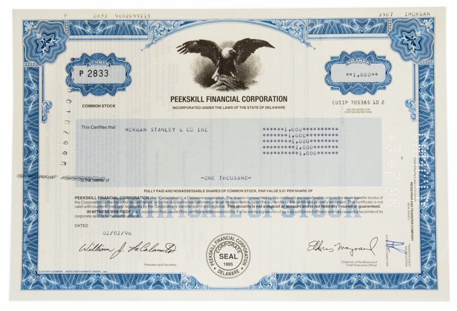купить Акция США PEEKSKILL FINANCIAL CORPORATION, 1996 г.