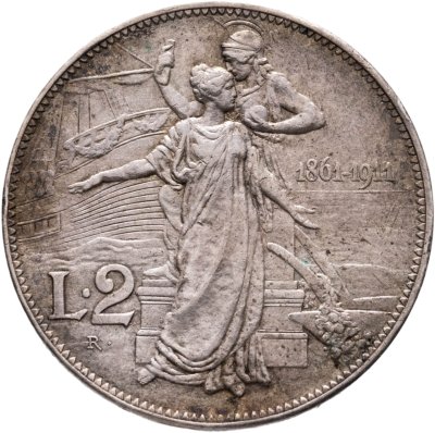 купить Италия 2 лиры 1911 "50 лет Королевству Италия"