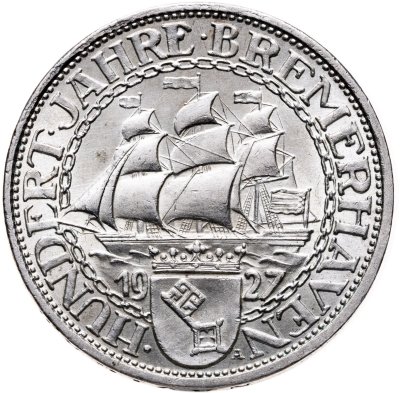 купить Германия, Веймарская республика 3 рейхсмарки (reichsmark) 1927 "100 лет Бремерхафену"