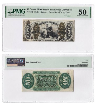 купить США. 50 центов 1863 г. времен Гражданской войны (1861-1865). Третий выпуск дробной валюты. В слабе PMG AU 50 About Uncirculated