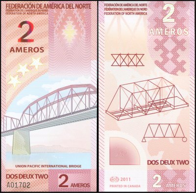 купить Федерация Северной Америки 2 амеро 2011 [Пластик] "Банкнота выпущена специально для коллекционеров и не является официальной денежной единицей."