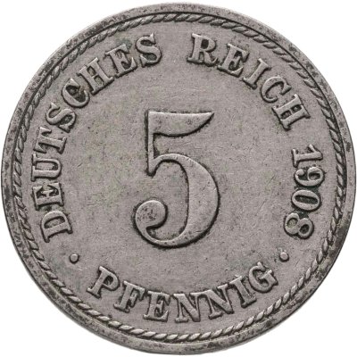 купить Германия 5 пфеннигов (pfennig) 1908, знак монетного двора: "A"