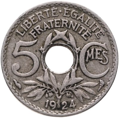 купить Франция 5 сантимов (centimes) 1924 Рог изобилия Новый тип: Отверстие в центре знак монетного двора: "Рог изобилия": - Париж