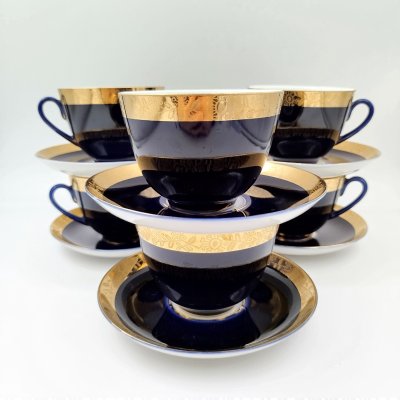 купить Набор из 6-ти чайных пар, украшенных растительным орнаментом, фарфор, крытье, золочение, Ленинградский фарфоровый завод (ЛФЗ), СССР, 1970-1989 гг.