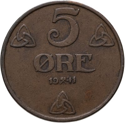 купить Норвегия 5 эре (ore) 1941 Не магнетик, коричневый цвет