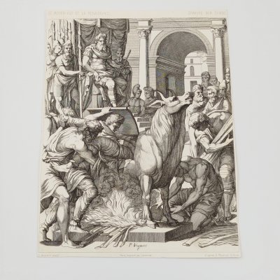 купить Литография из издания "Бык Фаларида" (древнее орудие казни), по мотивам гравюры Pierre Woeiriot, Фирма "Lemercier", бумага, печать, Франция, 1851-1900 гг.