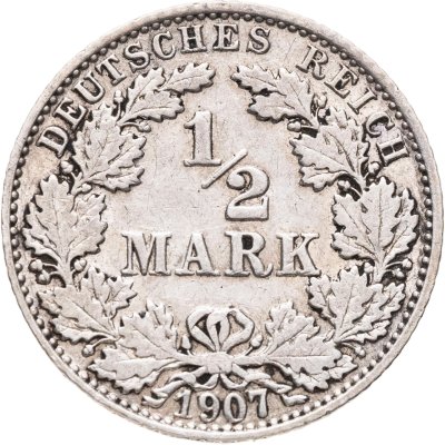 купить Германия (Империя) 1/2 марки (mark) 1907 J знак монетного двора: "J" Гамбург