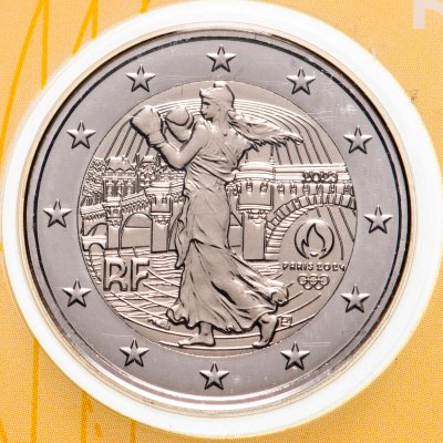 купить Франция 2 евро 2023 XXXIII летние Олимпийские игры, Париж 2024 в блистере жёлтого цвета