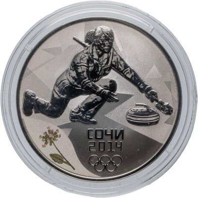 купить 3 рубля 2014 СПМД Proof "кёрлинг - Сочи Олимпиада" в футляре с сертификатом