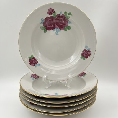 купить Набор суповых (глубоких) тарелок с цветочным декором на 6 персон, фарфор, деколь, золочение, Дулевский фарфоровый завод (Дулёво), СССР, 1968-1991 гг.