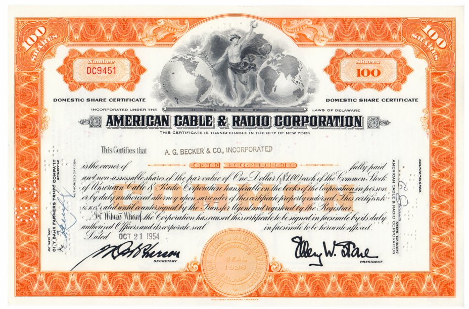 купить Акция США AMERICAN CABLE & RADIO CORPORATION 1954- 1956 гг.