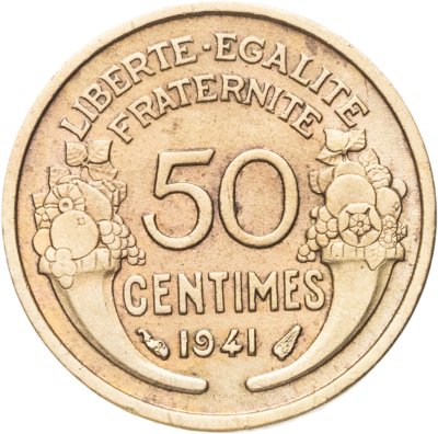 купить Франция 50 сантимов (centimes) 1941 Алюминиевая бронза /жёлтый цвет/