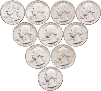 купить США набор из 10 монет 25 центов (квотер, 1/4 доллара, quarter dollar) 1970-1995