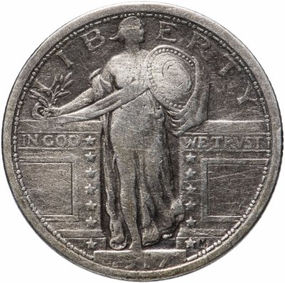 купить США 25 центов (квотер, 1/4 доллара, quarter dollar) 1917 Standing Liberty Quarter Без отметки монетного двора